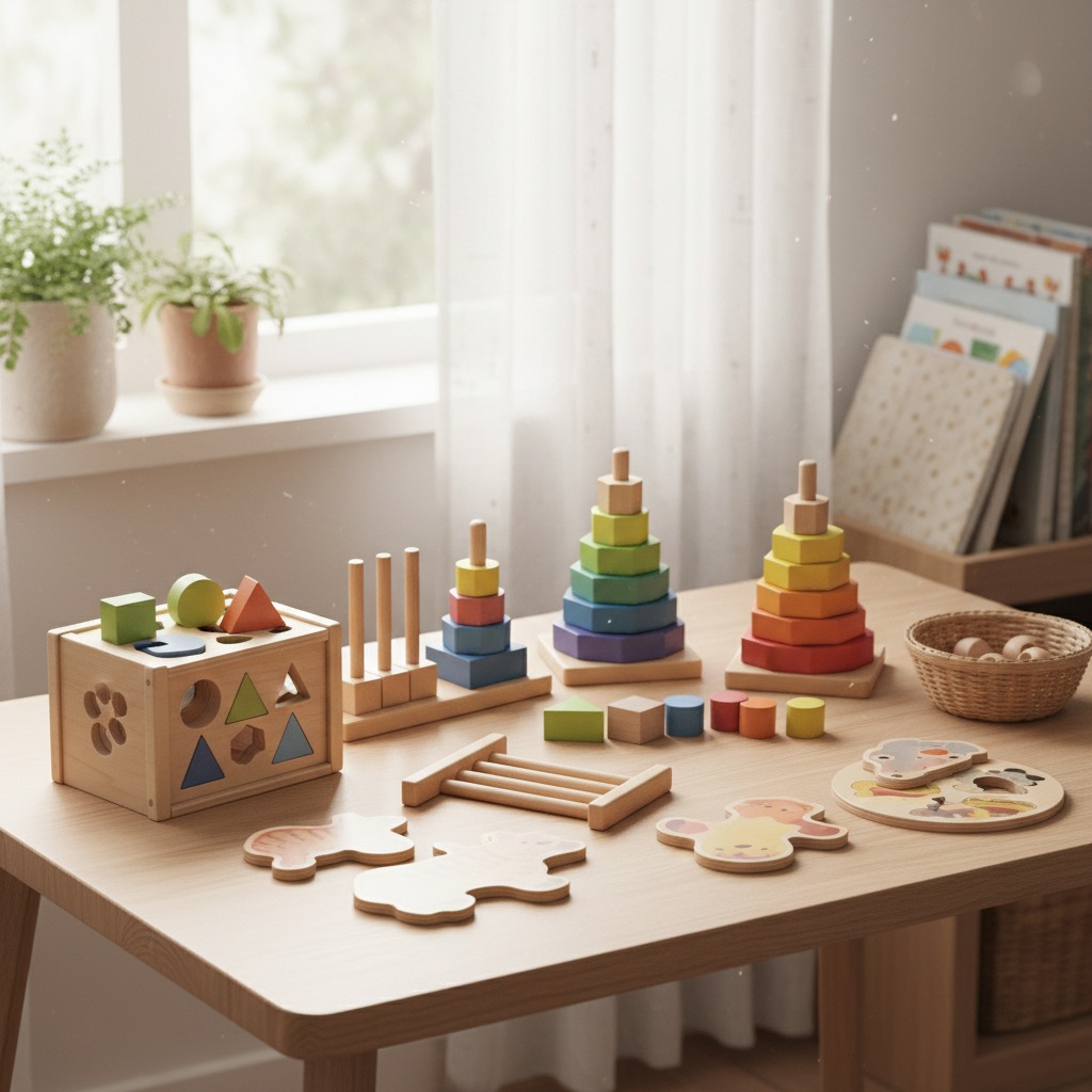 Des jouets éducatifs en bois pour enfants sont disposés sur une table en bois devant une fenêtre.